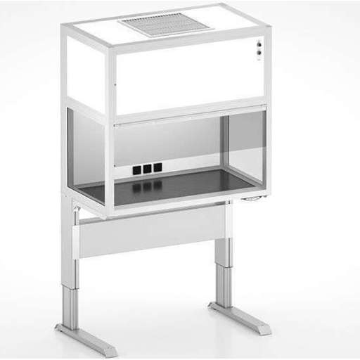 Laminar flow box with height-adjustable work bench