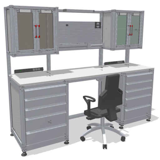 Workbench with wall cabinets and drawers
