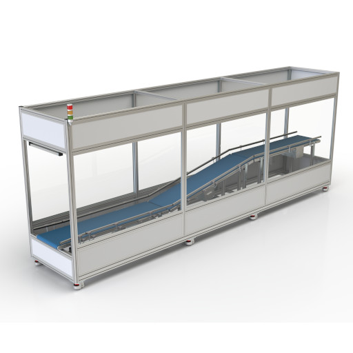Machine cabin with level transfer via conveyor belts