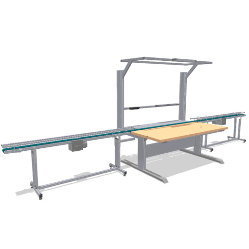 Work bench with integrated conveyor belt