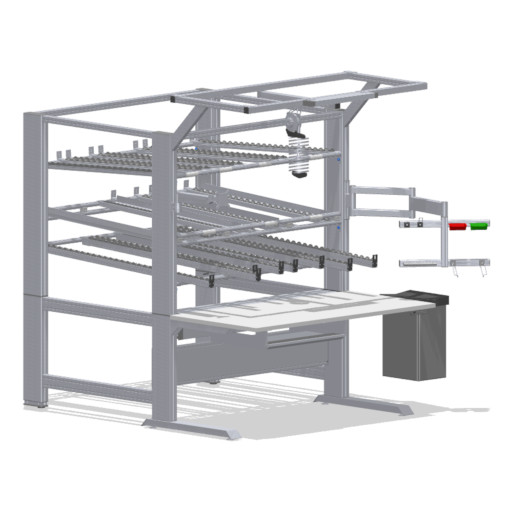Work bench with built-in, height-adjustable FIFO shelf