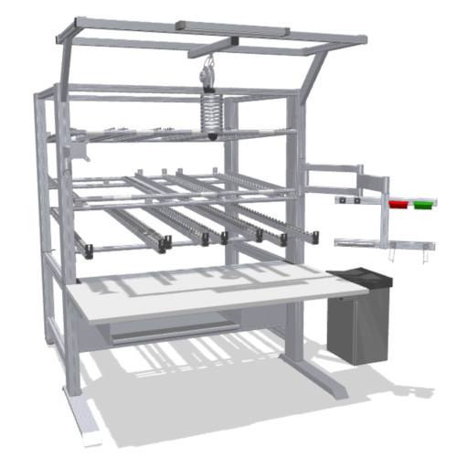Work bench with built-in, height-adjustable FIFO shelf
