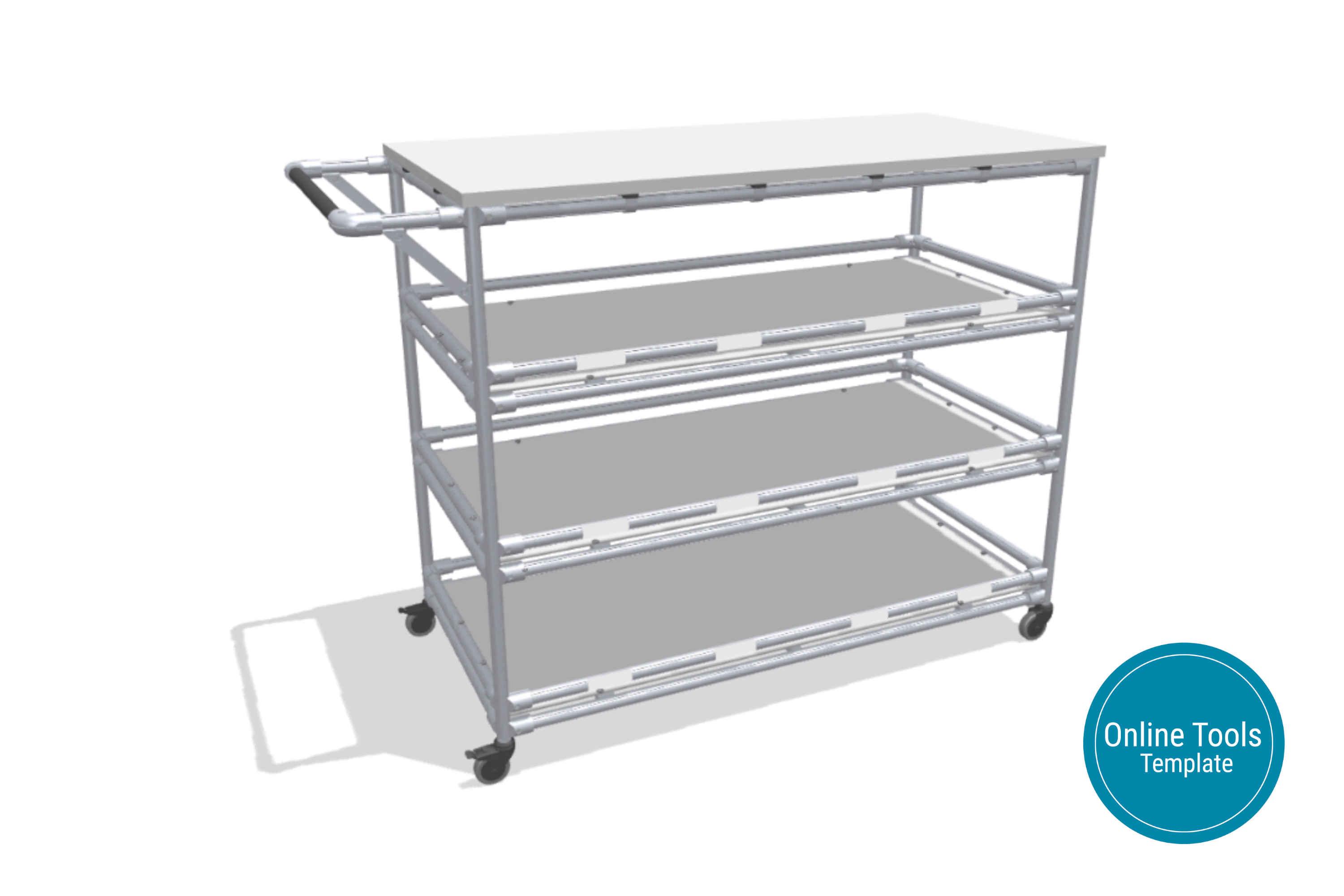 Practical hand trolley with working surface and storage levels