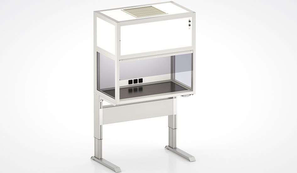 Laminar flow box with height-adjustable work bench