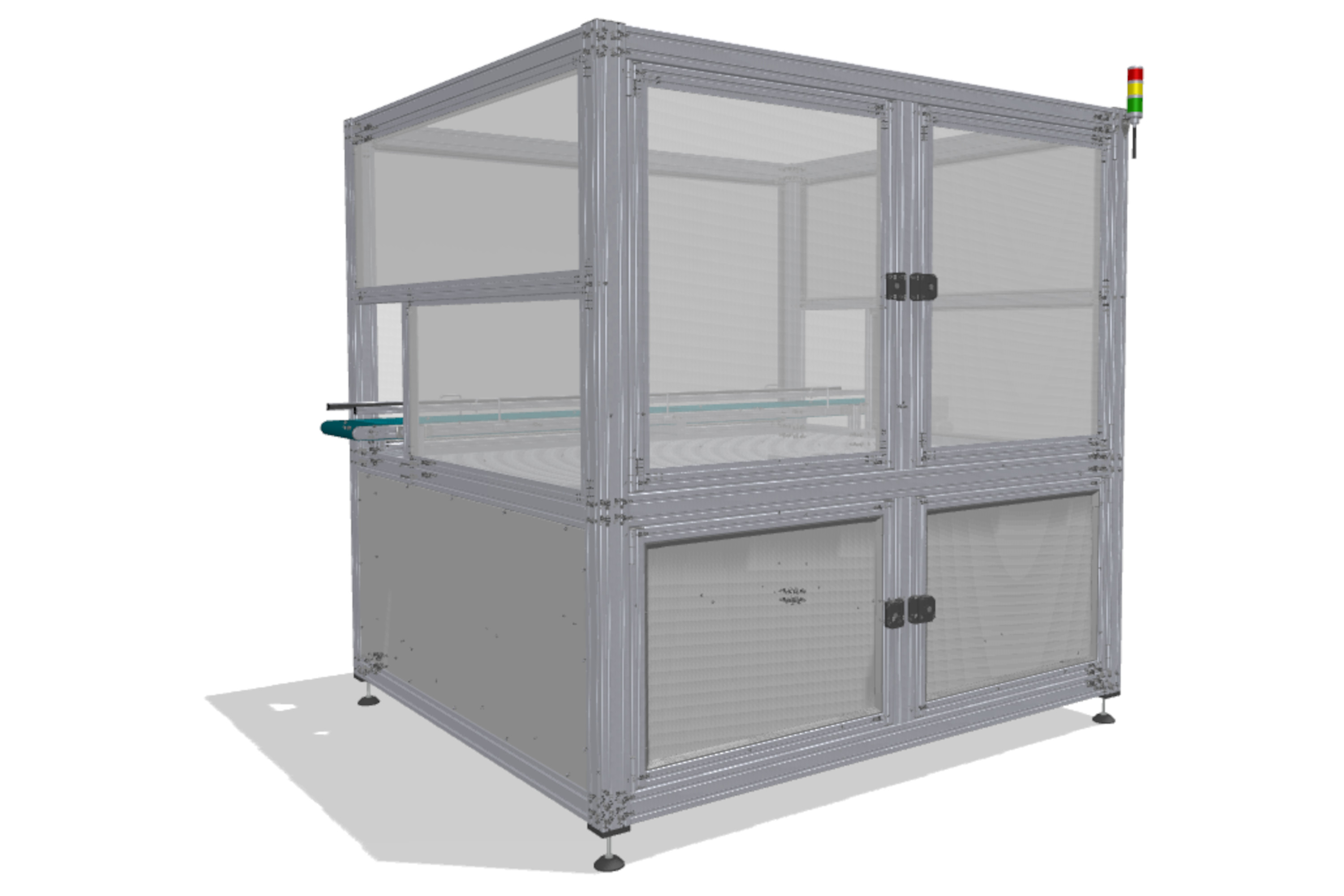 Robot enclosure with conveyor belt