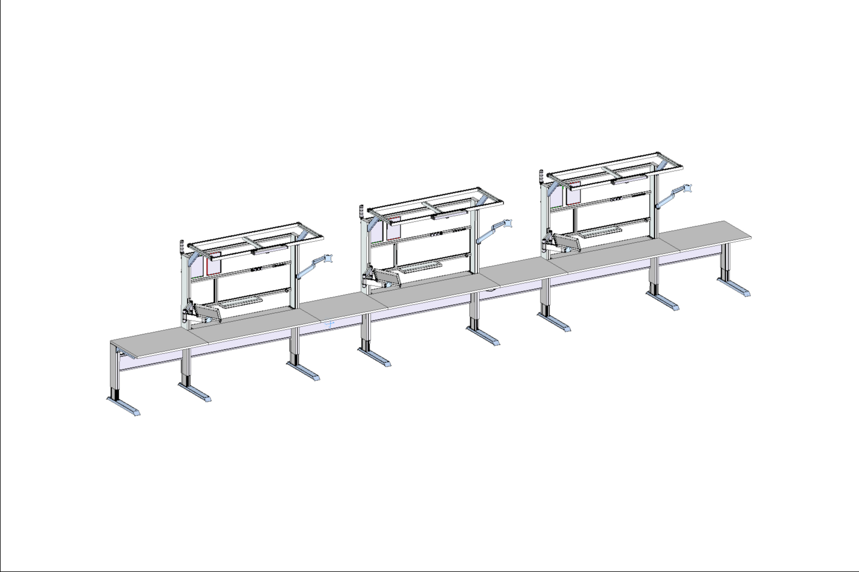 Electrically height-adjustable assembly line with ultra-long work bench – EX-01641