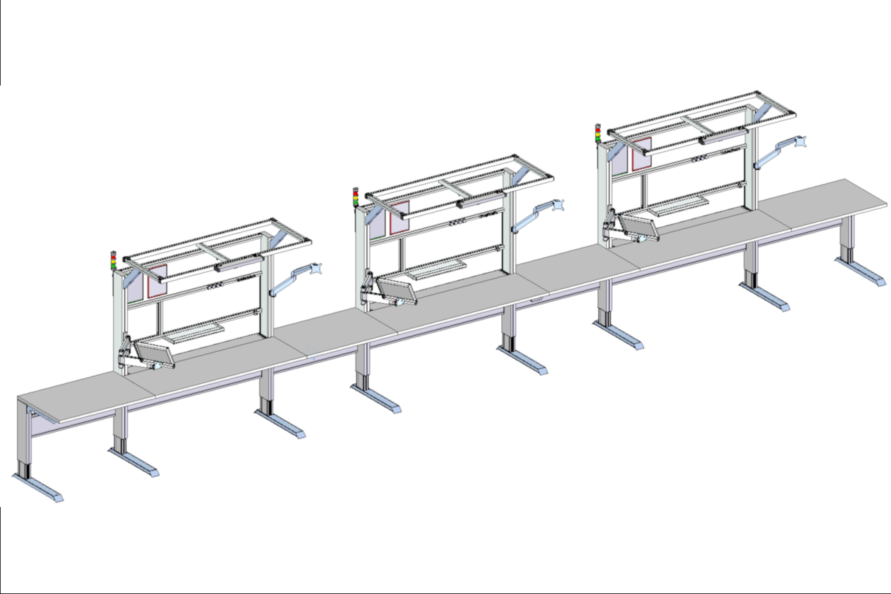 Electrically height-adjustable assembly line with ultra-long work bench – EX-01641
