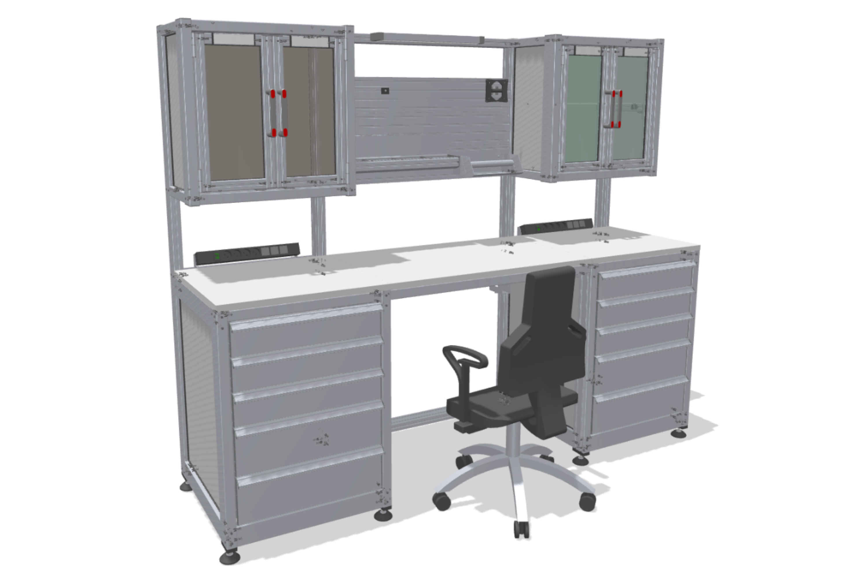 Workbench with wall cabinets and drawers
