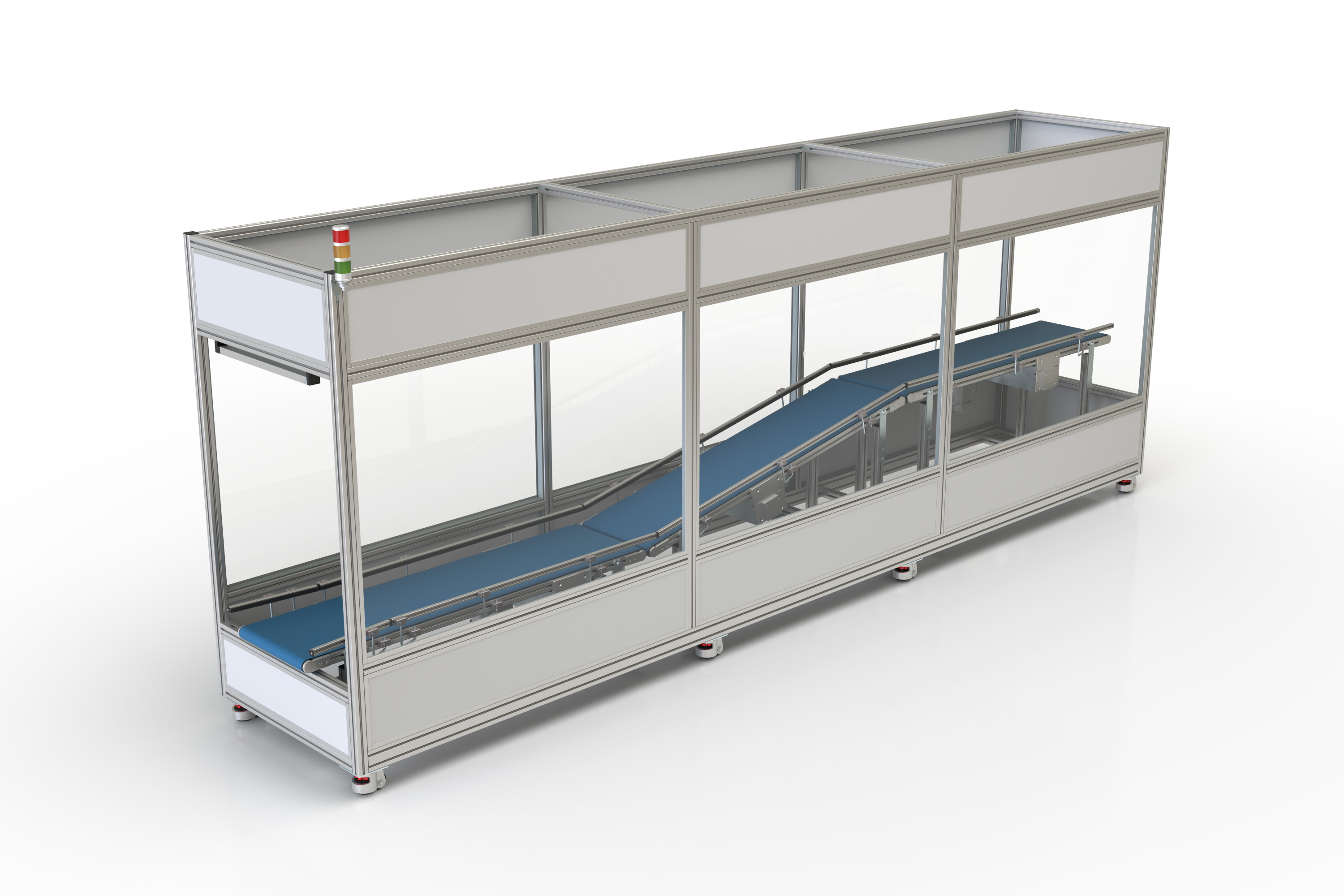 Machine cabin with level transfer via conveyor belts