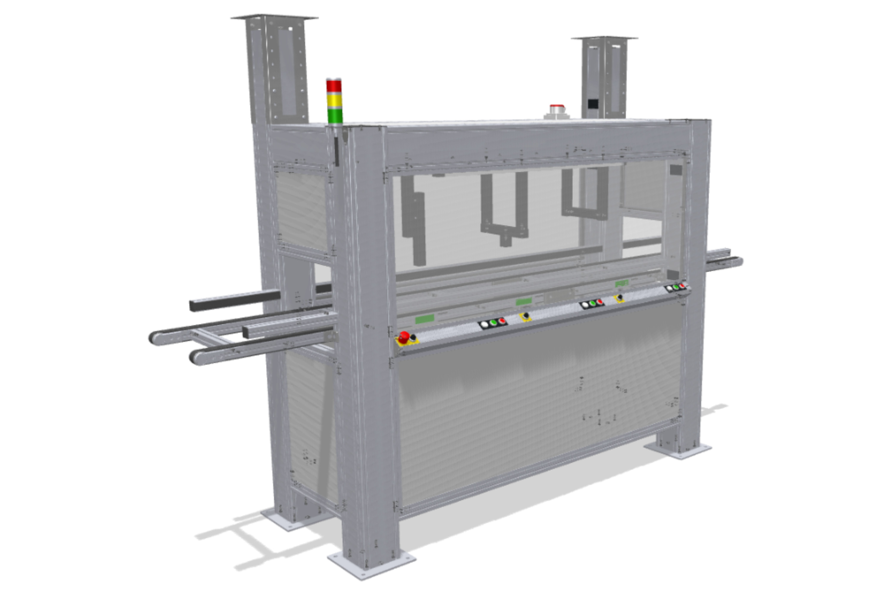 Process and testing cabin with integrated conveyor belt