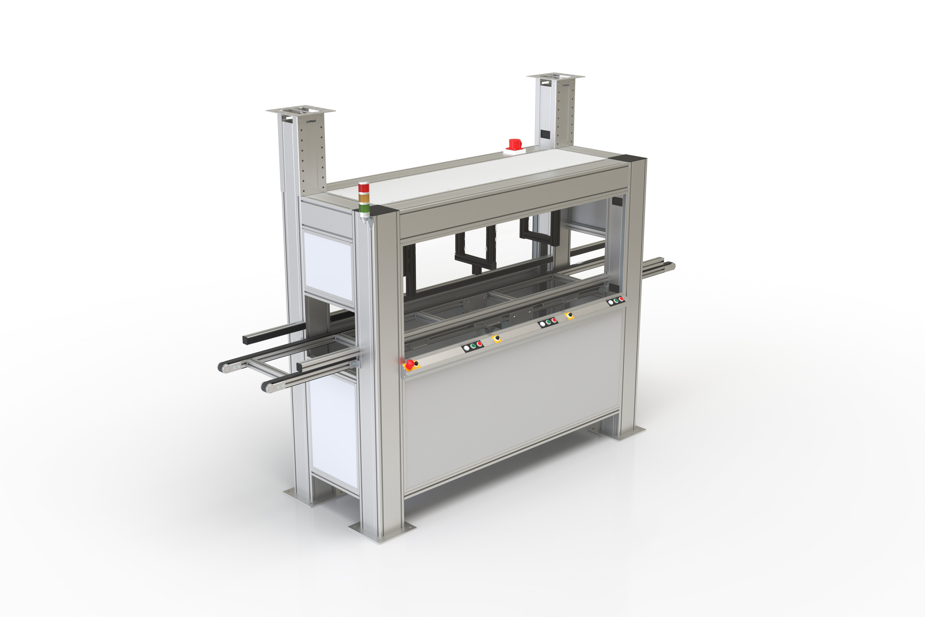 Process and testing cabin with integrated conveyor belt